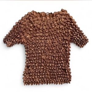 Vintage 90s Y2K Metallic Copper Popcorn Bubble Crinkle Stretch Top
